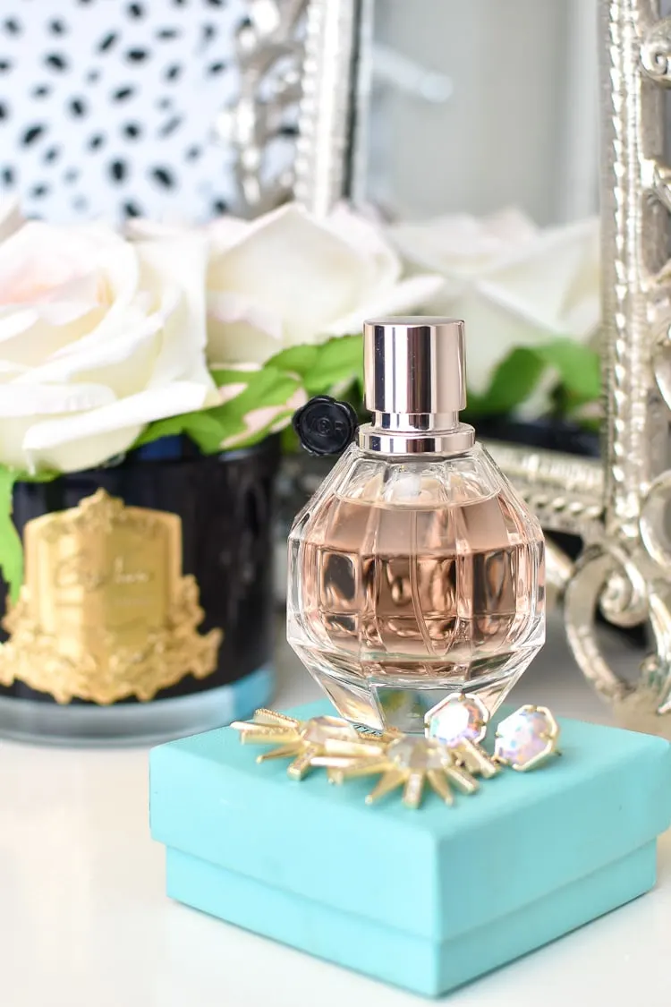 Perfume bottle on vanity in closet