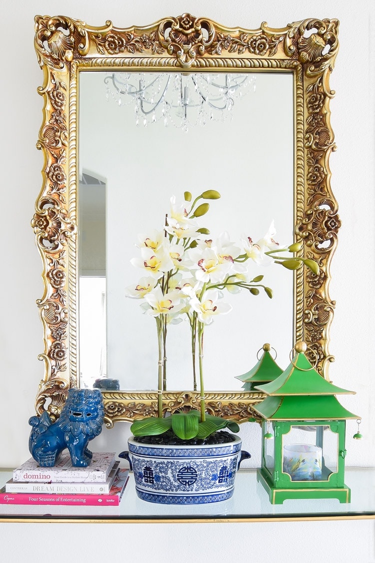 Chinoiserie DIY faux orchid florals in a foyer with a green pagoda
