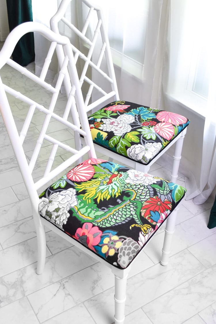 Schumacher Chiang Mai Dragon in Ebony- white chippendale dining chairs