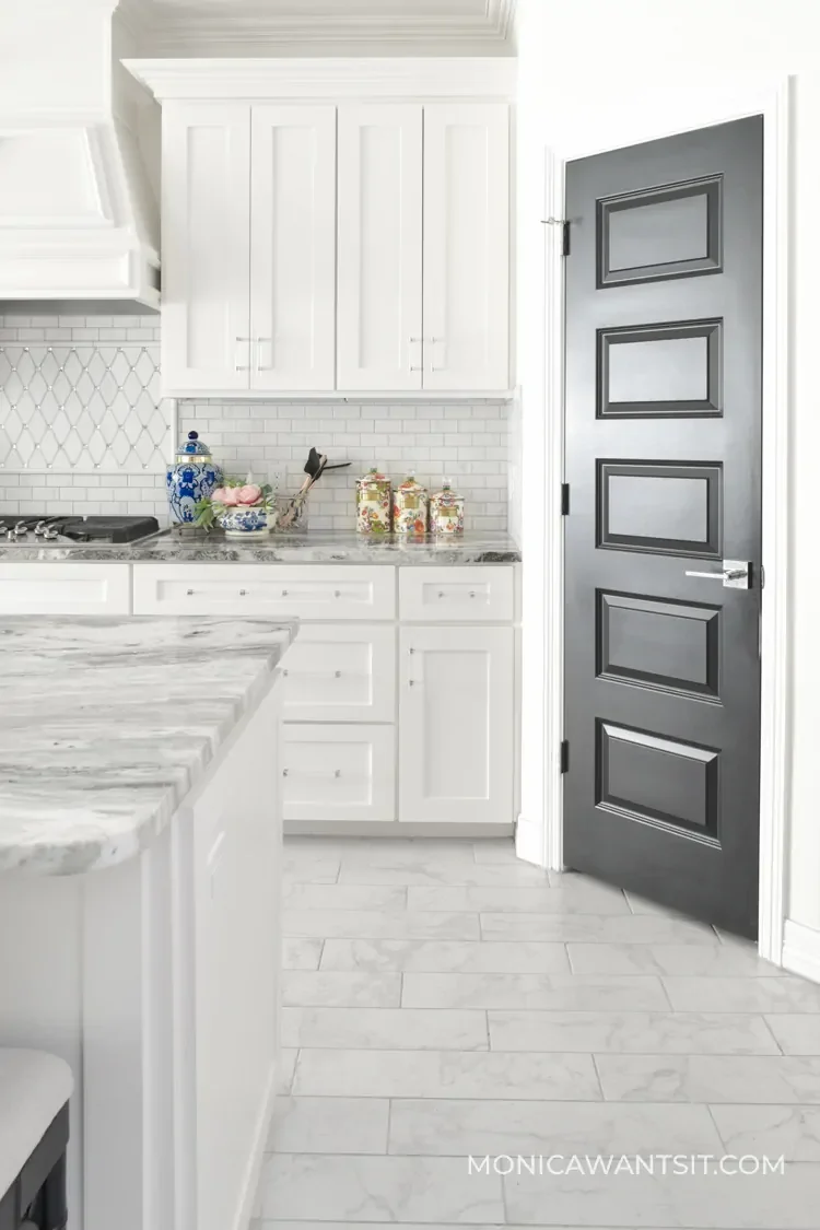 White kitchen cabinets with black deals doors