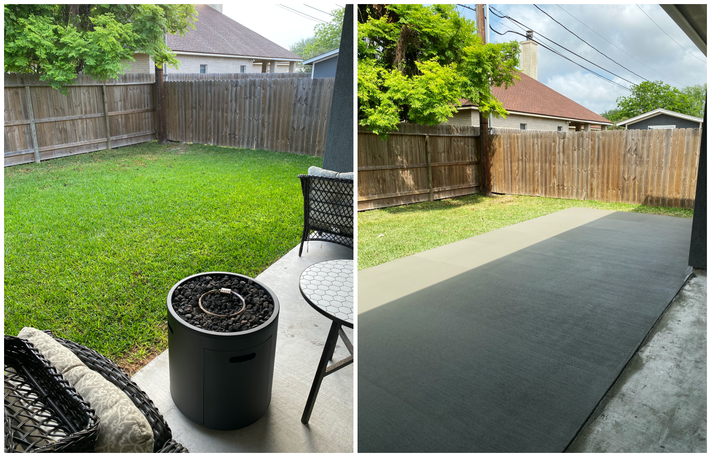Concrete patio extension in backyard.