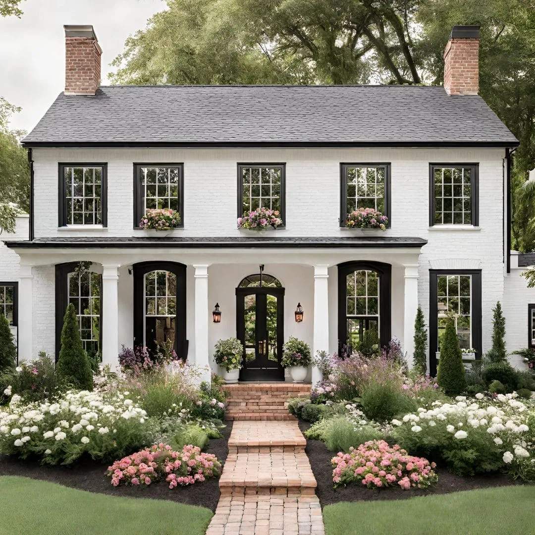 classic colonial home: white with black trim and front door