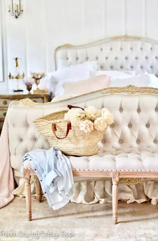 White and Blue Bedroom with Blue Pillows on White French Bed - Traditional  - Bedroom