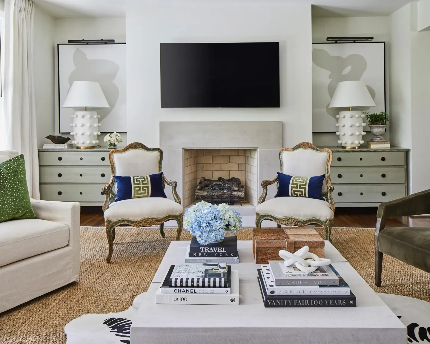 vintage french chairs in a transitional living room
